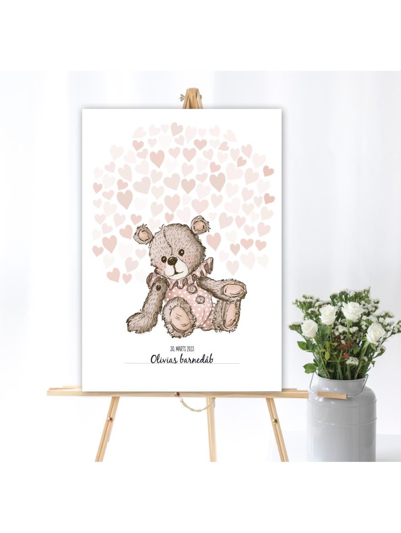 Gæsteplakat med lyserøde hjerter og Teddybear